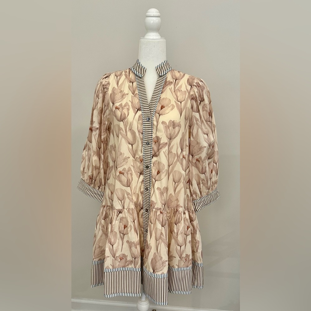 entro Beige Floral Long Sleeve Dress with Black-White Stripe Trim. Never worn.